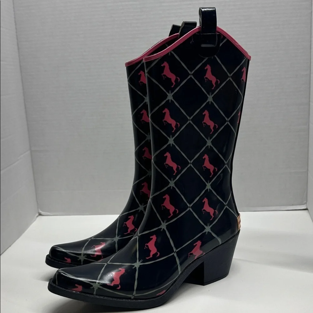 Bit & Bridle Cowboy Rubber Rain Boots Heeled Horse Western Black Pink Women's 7